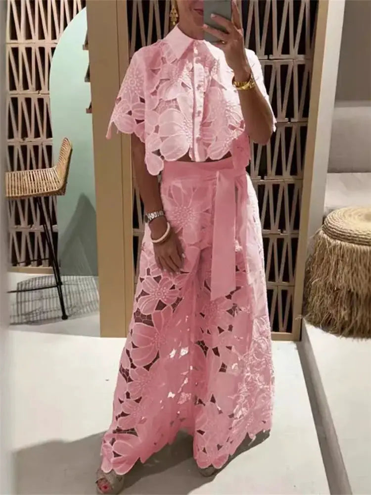 Women Hollow Out Two Piece Wide Leg Pants Set Lace Casual Style
