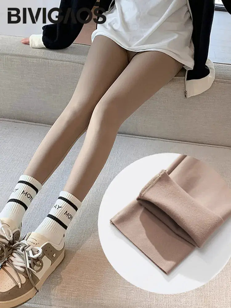 BIVIGAOS Fall/Winter brushed shark leggings for women; nude color, high-waist seamless slim fit