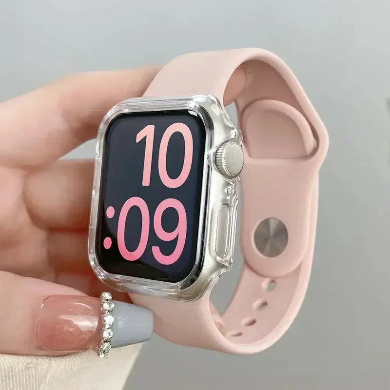 Apple Watch tempered-glass protective case with pink silicone band by Simples Market