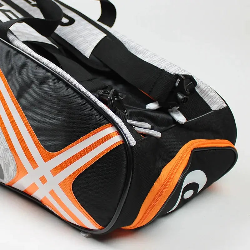 Tennis racket backpack with orange trim, large capacity for 3–6 racquets and a separate shoes compartment.