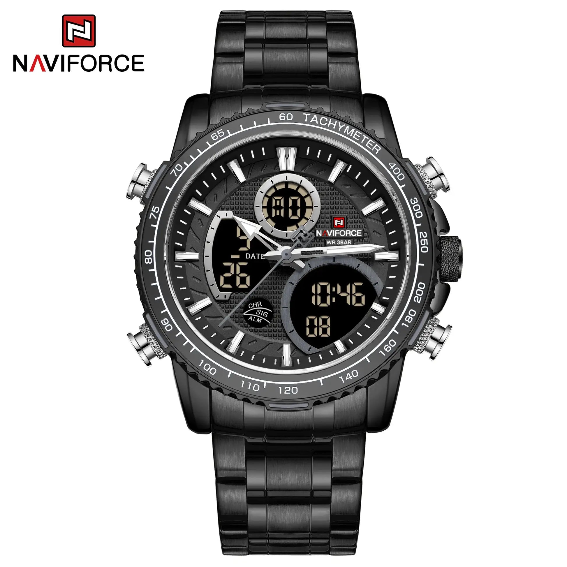 NAVIFORCE men's watch with black stainless steel band, chronograph and tachymeter bezel