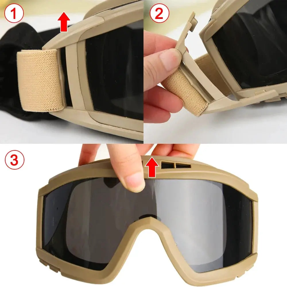 Airsoft tactical goggles by Simples Market with three-lens system, tan frame, windproof and dustproof protection