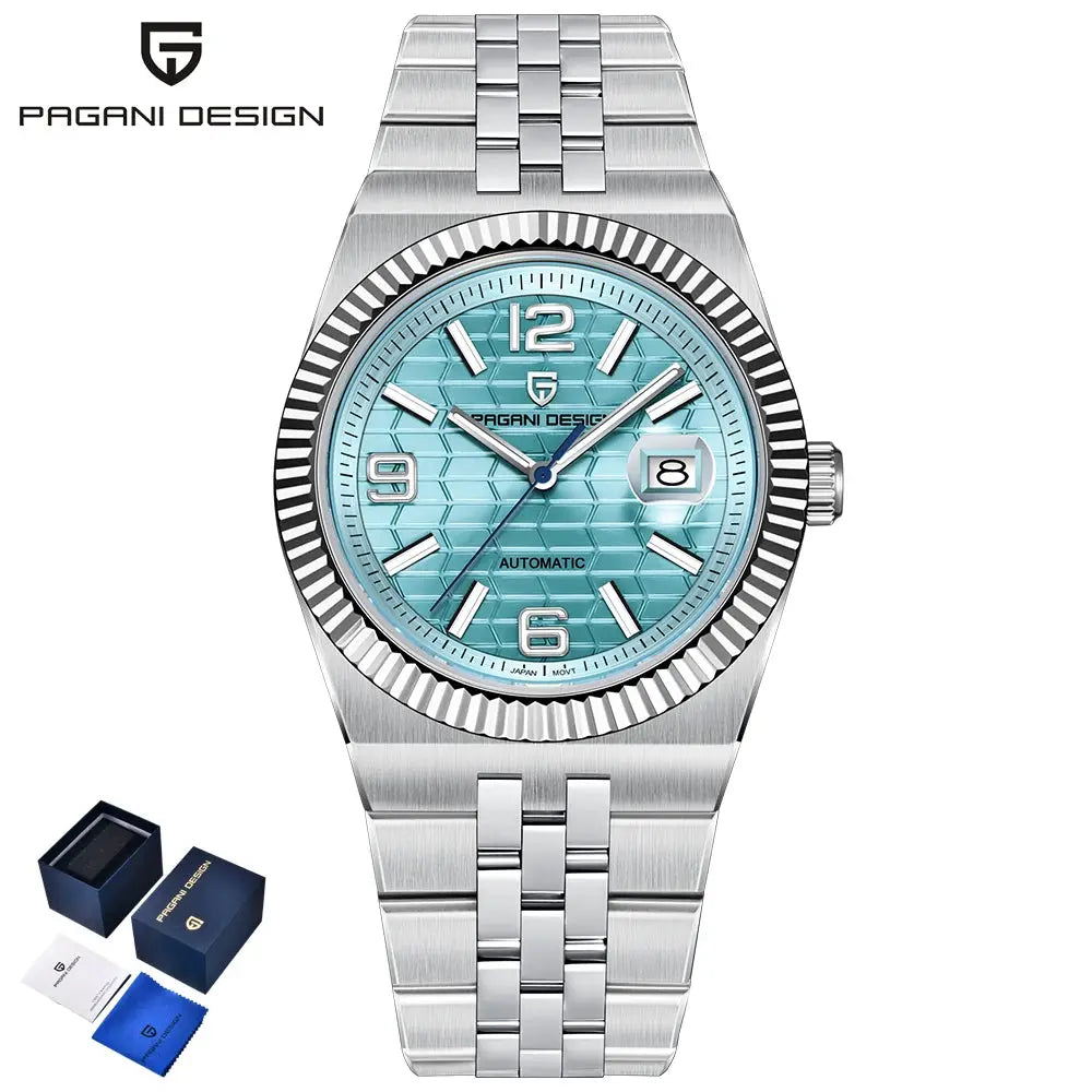 PAGANI DESIGN men's automatic watch with teal 3D rhombus dial, AR sapphire crystal; box included