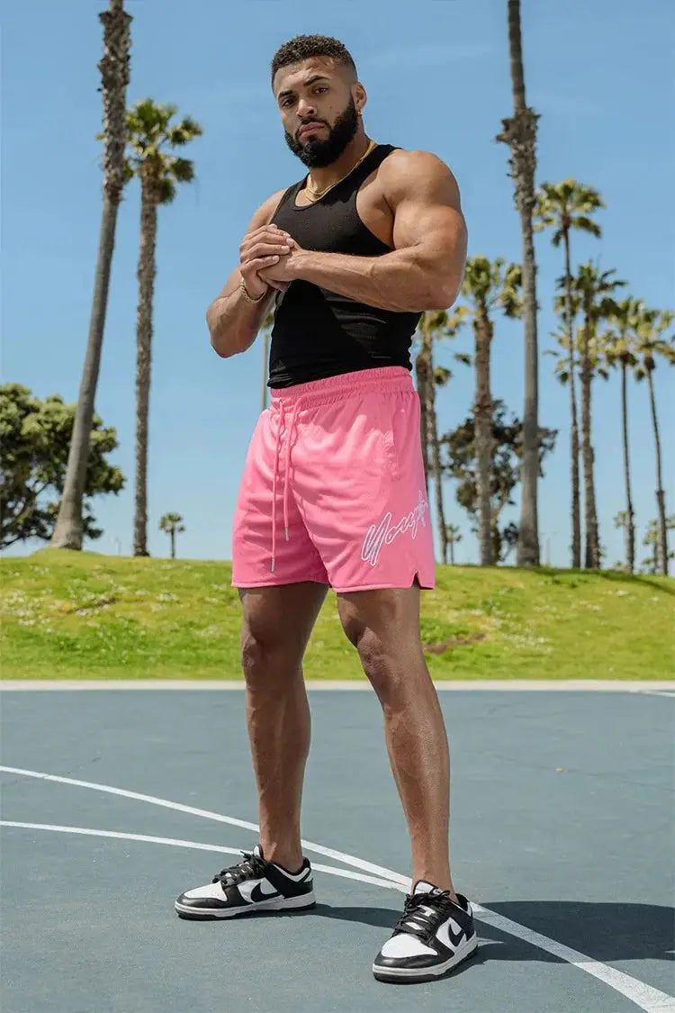 Trend men's pink quick-dry mesh beach swim shorts with drawstring, Simples Market