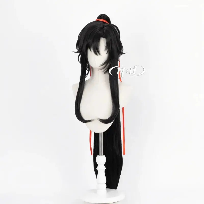 ND Wei Wuxian cosplay wig by Simples Market, long black hair with red ribbons.