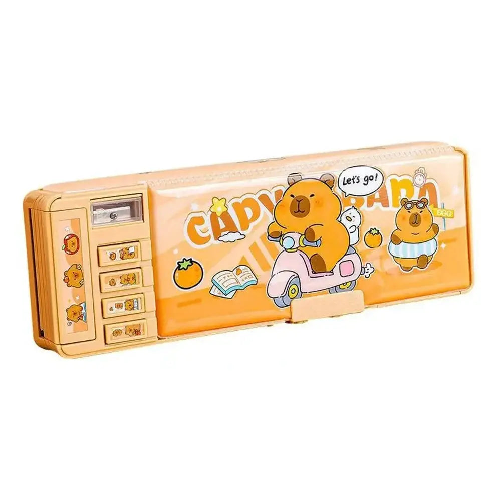 Capibara pen case, ABS material, orange cartoon design with built-in mini compartments