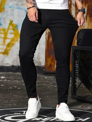 Men's black stretch denim skinny jeans for casual streetwear, slim-fit design
