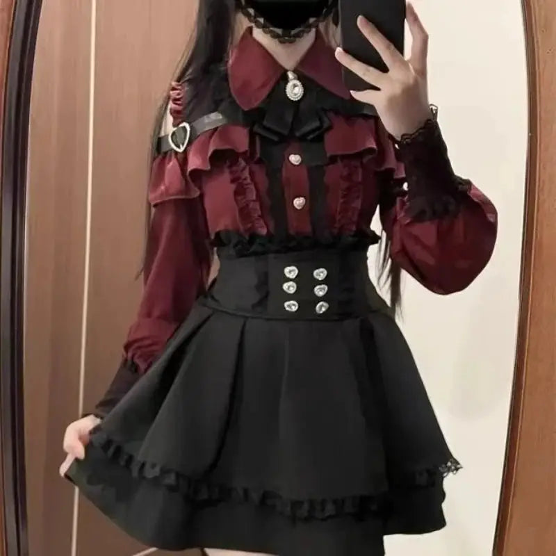 Japanese Gothic Lolita Dress Set Women Harajuku Y2K Bow Lace Ruffles