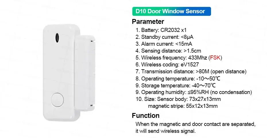 D10 door window sensor set, white magnetic wireless contact for home security systems, includes two pieces