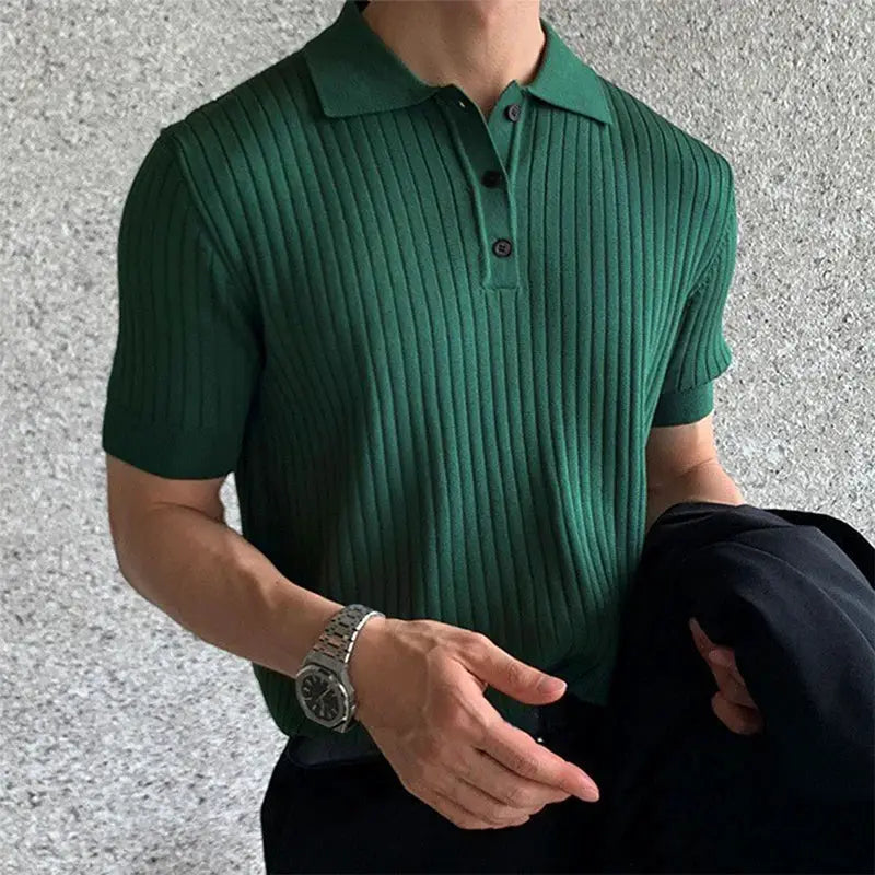 Men's green ribbed-knit polo shirt with polo collar and short sleeves.