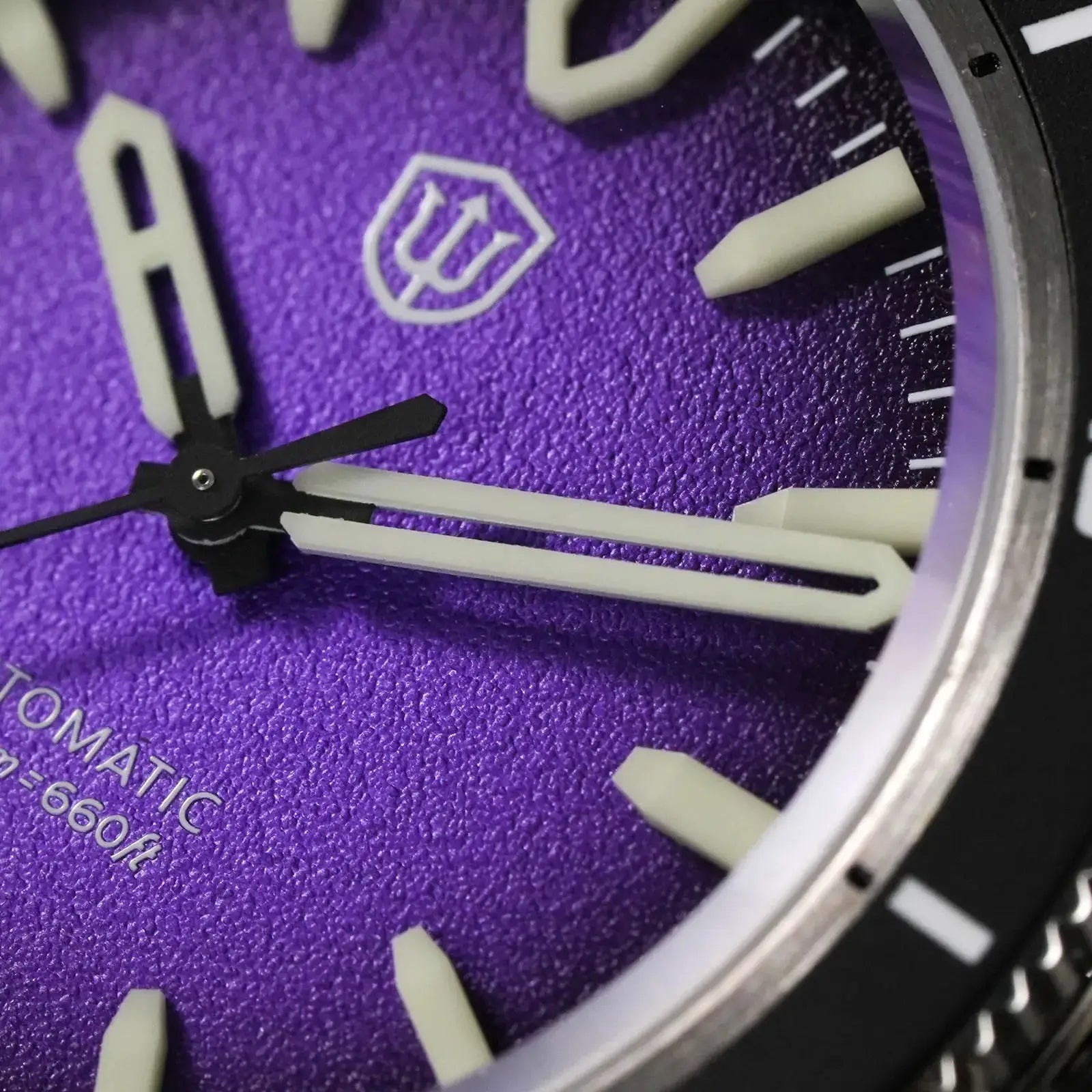 Watchdives Premier WD0019 automatic watch dial close-up on purple textured face with white indices
