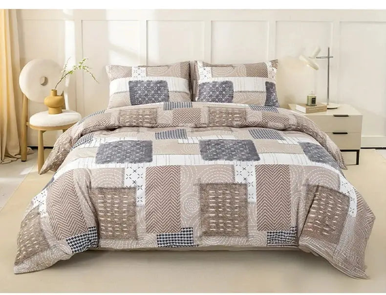 Duvet cover set, 3pc patchwork beige-gray design by Simples Market, includes 1 duvet cover and 2 pillowcases