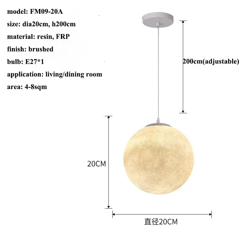Simples Market Nordic Moon LED pendant light, brushed resin sphere 20 cm diameter, adjustable 200 cm cord, E27 bulb