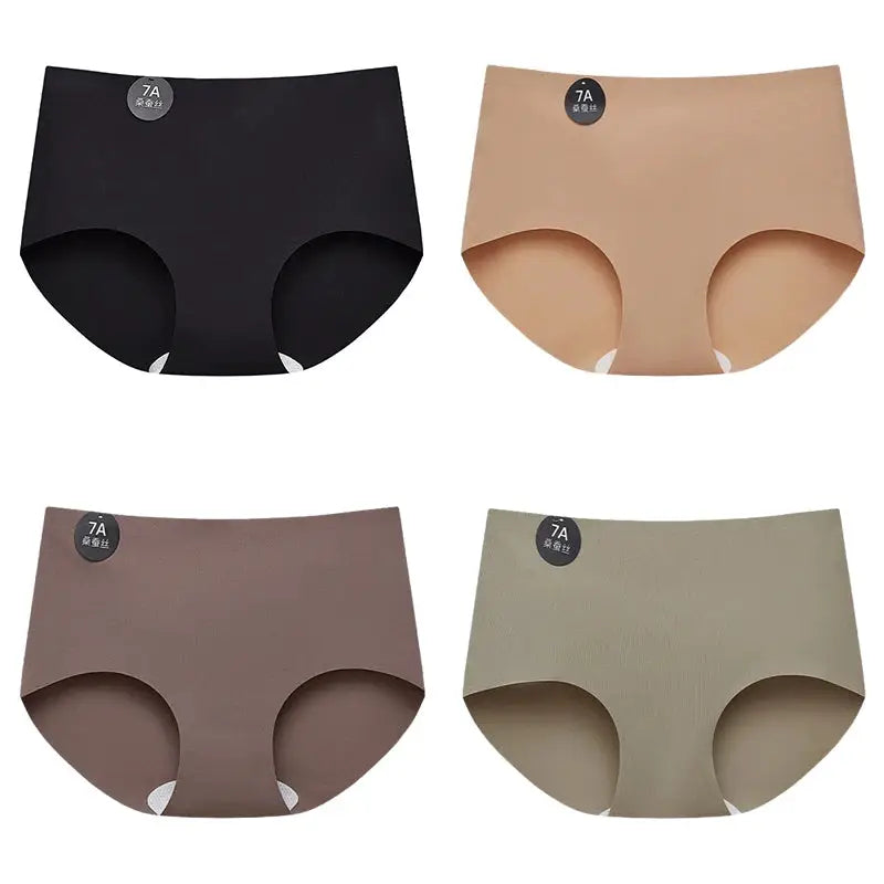 Seamless Mulberry silk briefs for women, 4-piece set in black, nude, brown and taupe