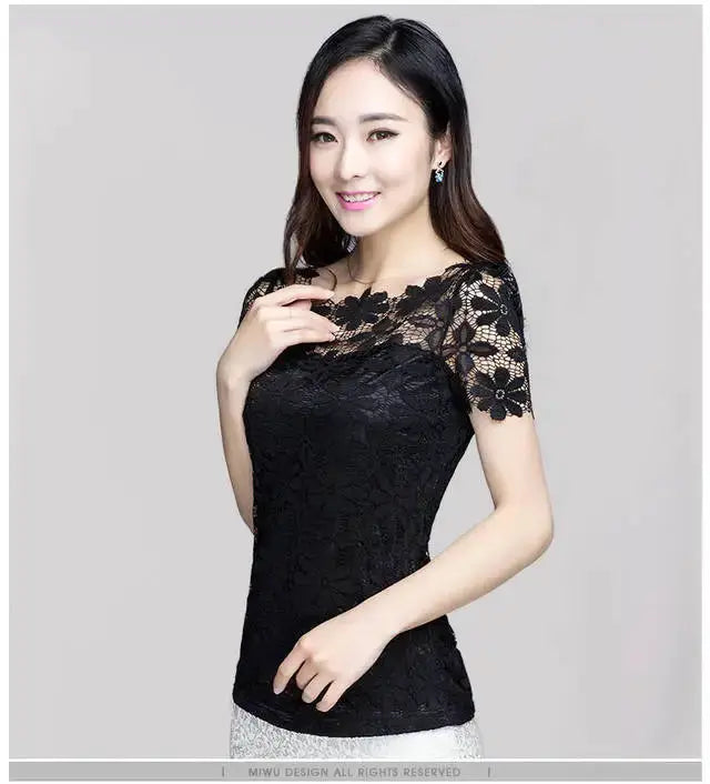 Summer lace blouse by Simples Market, black floral lace, short-sleeve top