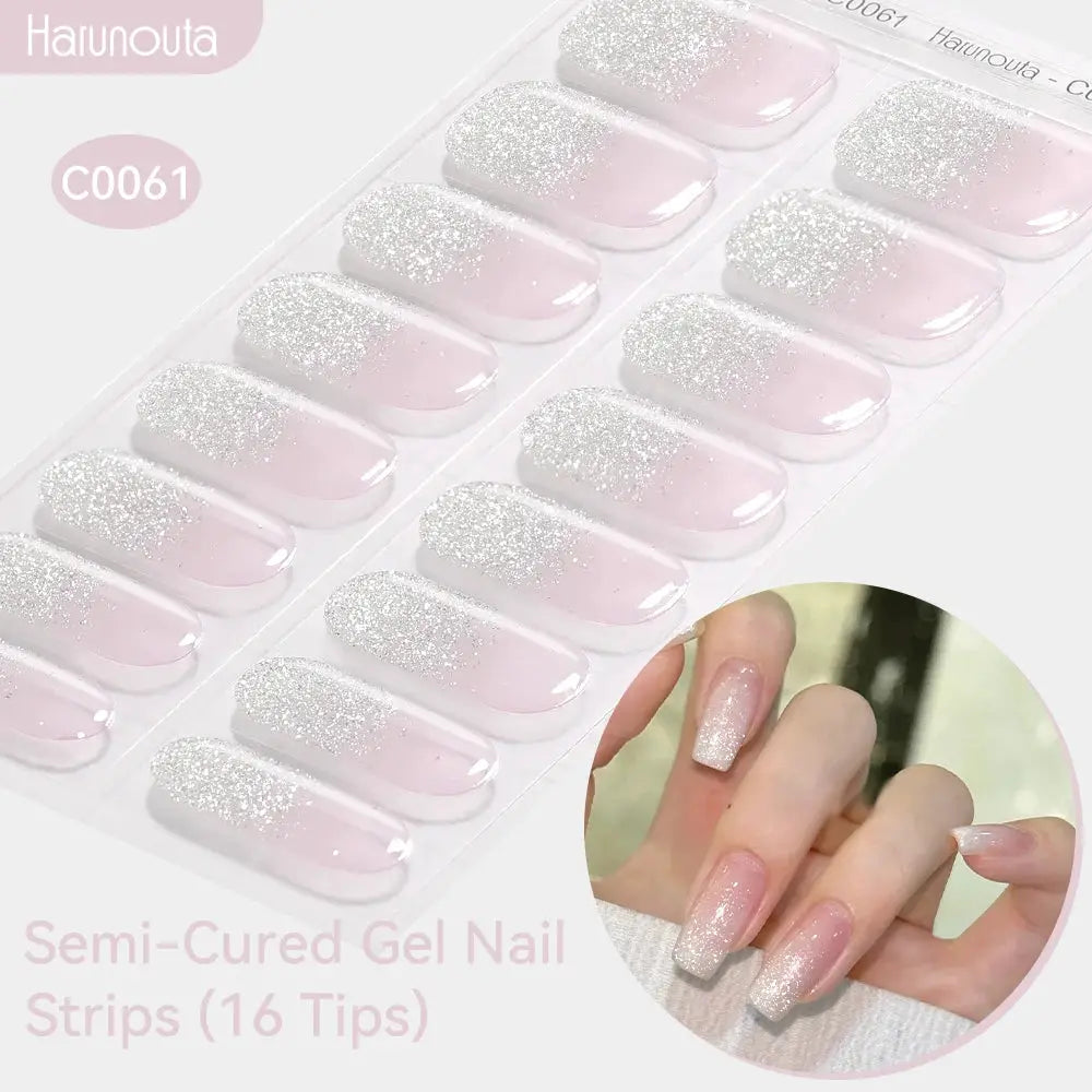 Semi-cured gel nail strips gradient auroras in pink with silver glitter tips, 16 tips, Harunouta