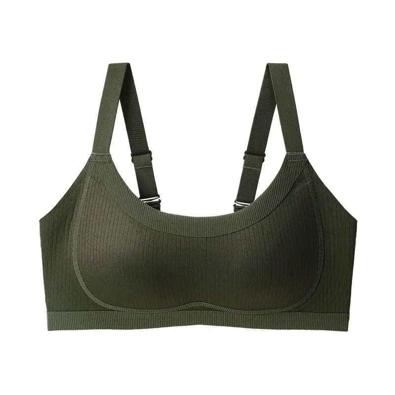 FallSweet seamless wireless full-cup bra in olive green with adjustable straps and ribbed knit.