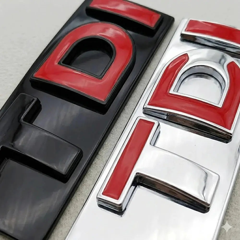 2x 3D ABS TDI emblems for VW trunk badges, black and chrome with red lettering