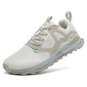 HOBIBEAR unisex hiking shoes in beige with mesh upper and artificial leather overlays; lace-up, non-slip outsole