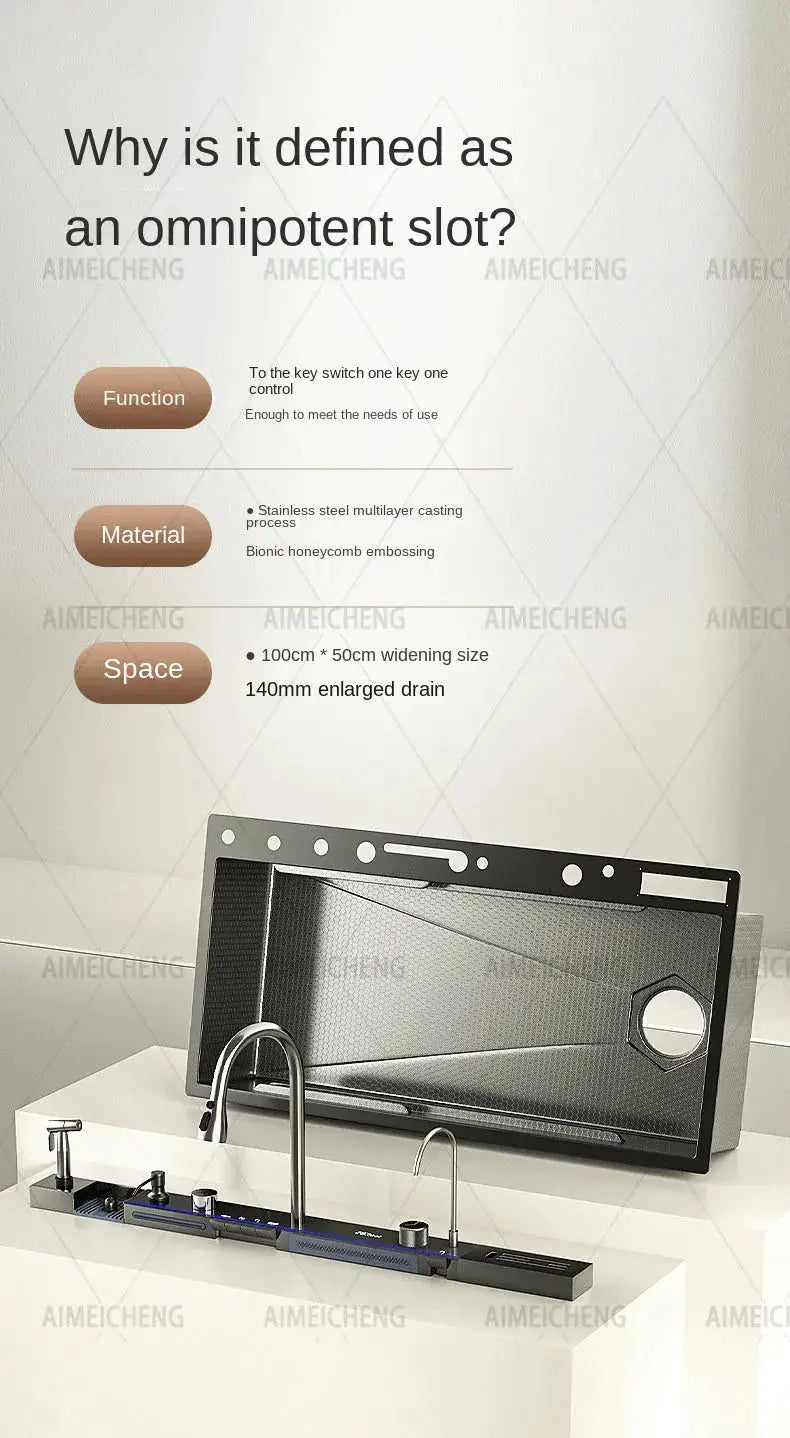 Stainless steel waterfall kitchen sink by Simples Market with embossed single-slot vegetable basin, left-side drainage.