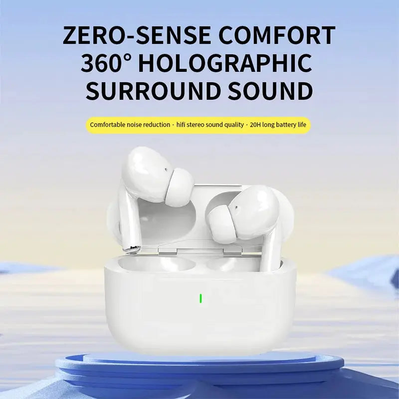 Air Pro wireless Bluetooth TWS earphones in open white charging case with green LED