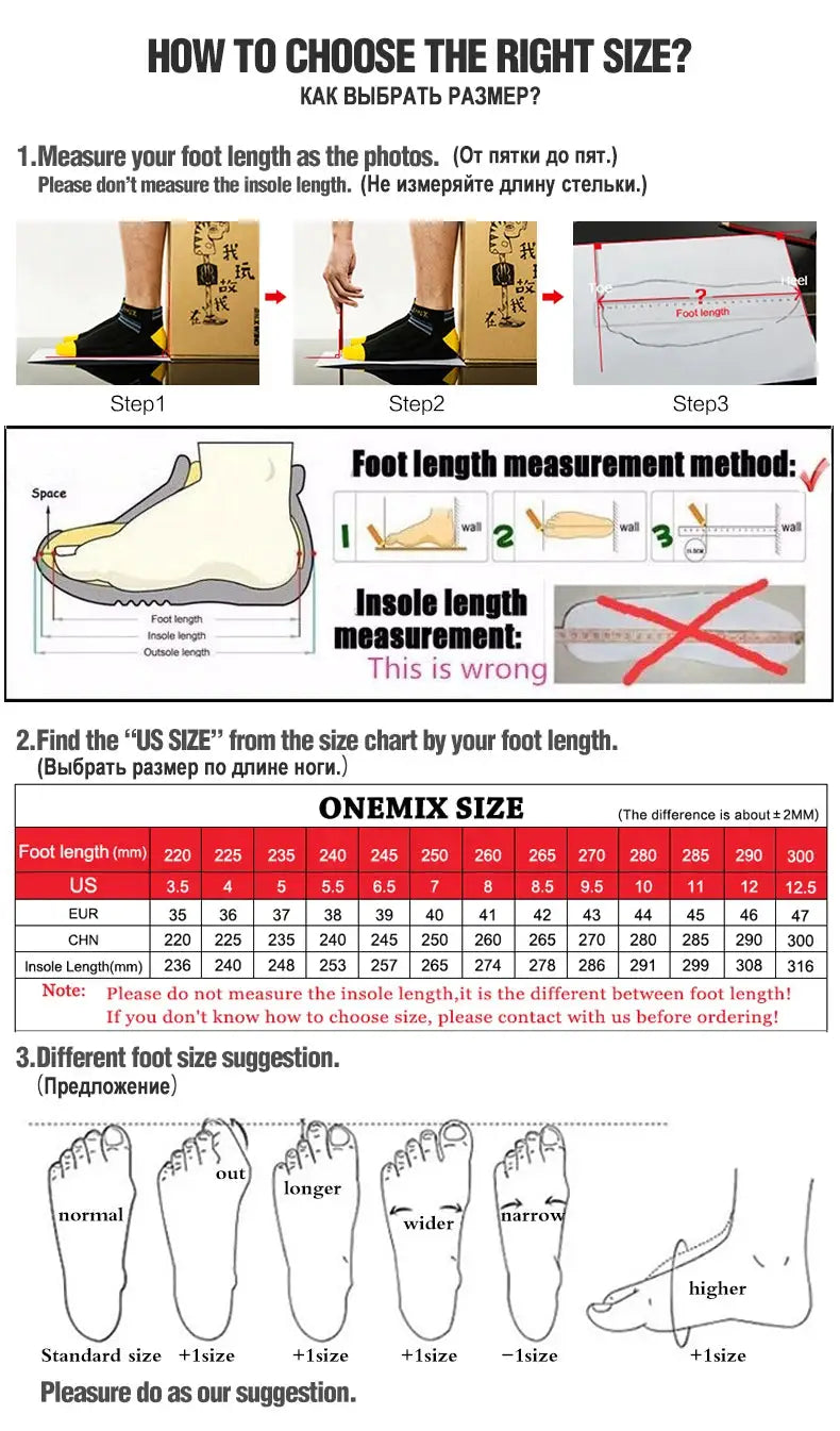 OneMIX size guide infographic for breathable mesh sports shoes, featuring foot-length measurement steps and US/EU sizing chart.