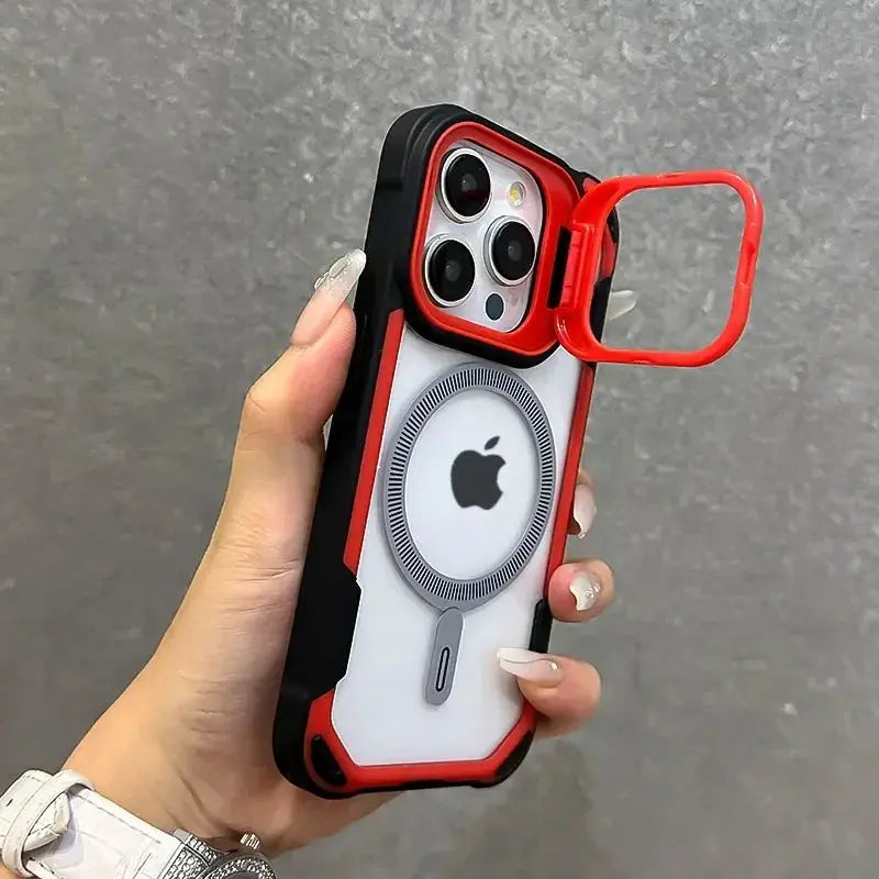 Simples Market Armor Fold Lens Stand MagSafe case for iPhone, red and black shockproof bumper