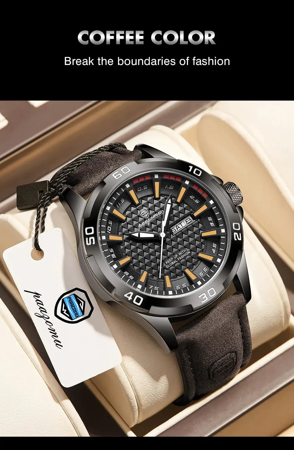 PAAZOMU men’s wristwatch by Simples Market; black stainless steel case, textured dial, luminous markers.