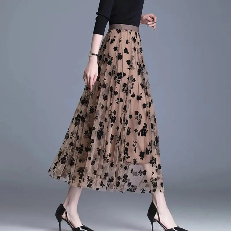 Korean women's floral tulle midi skirt by Simples Market, beige mesh with black embroidery.
