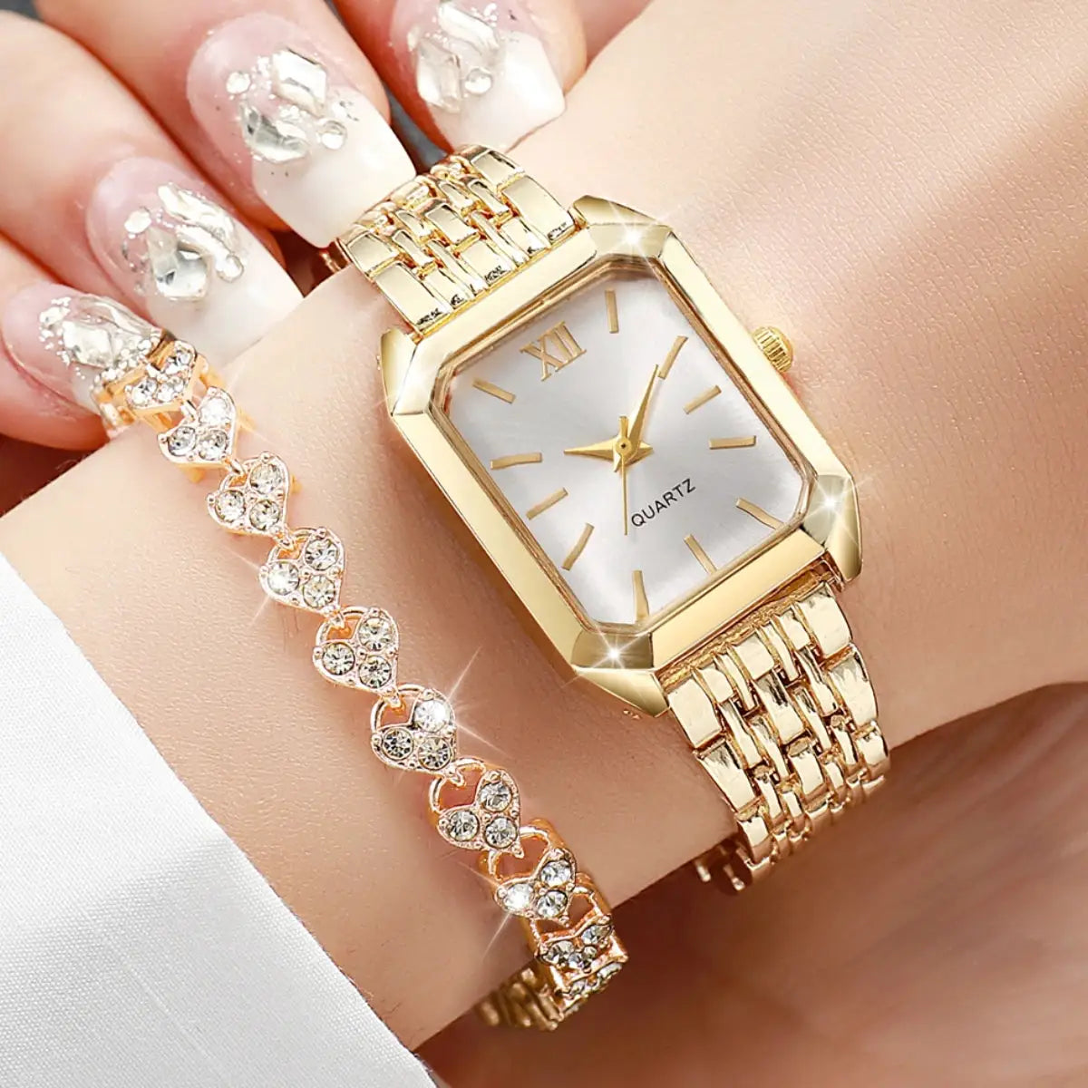 Watch and rhinestone bracelet set, gold-tone rectangle women's quartz, 2-piece on wrist