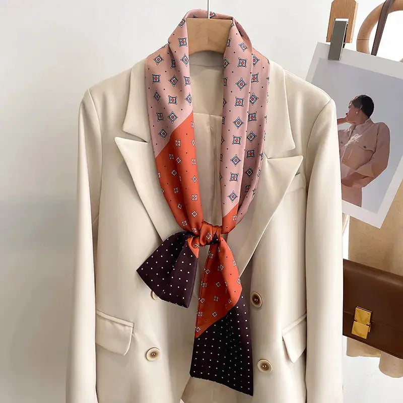 LuxeSilk Silk Feel Printed Design Scarf Versatile Long Narrow Silk Shawl For Fashionable Styles
