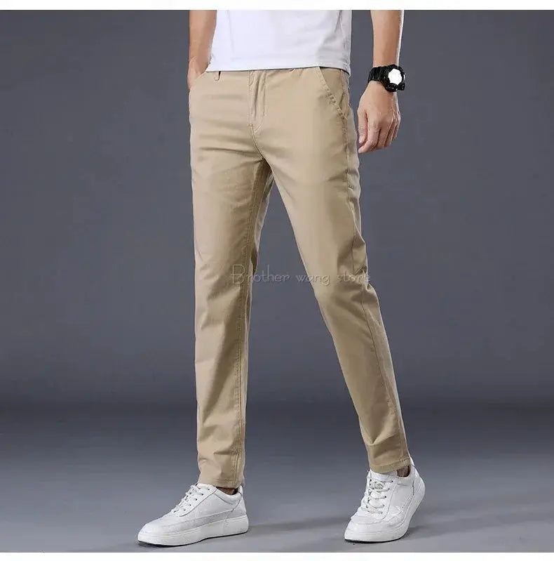 Men's casual cotton pants by Simples Market, tan, elastic straight slim-fit long trousers