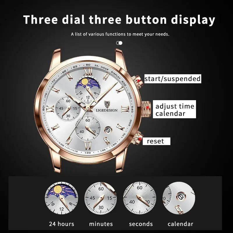 LIGE Design men's rose-gold chronograph watch with leather strap and white dial