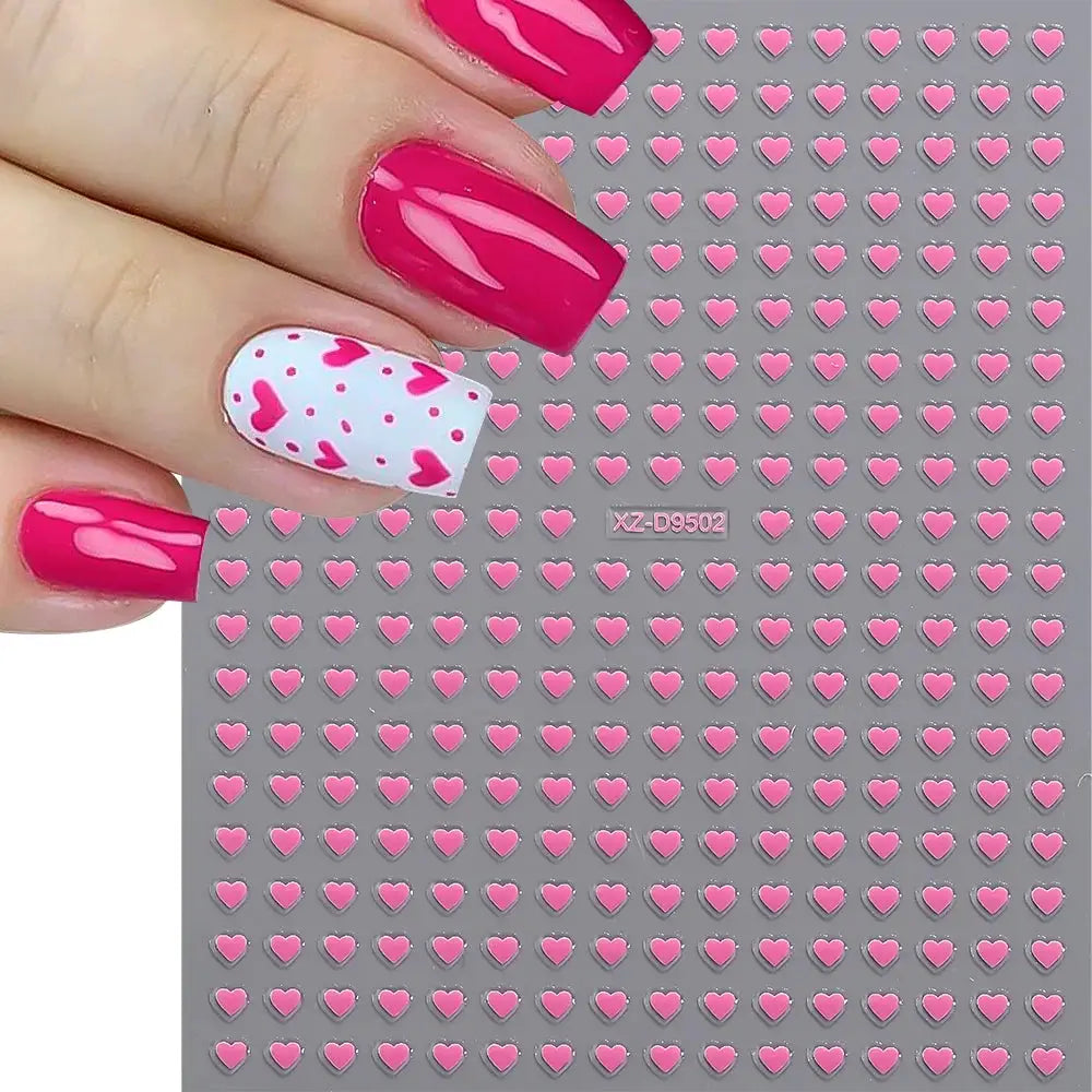 8pc 3D heart nail stickers sheet with pink hearts for manicure; self-adhesive decals