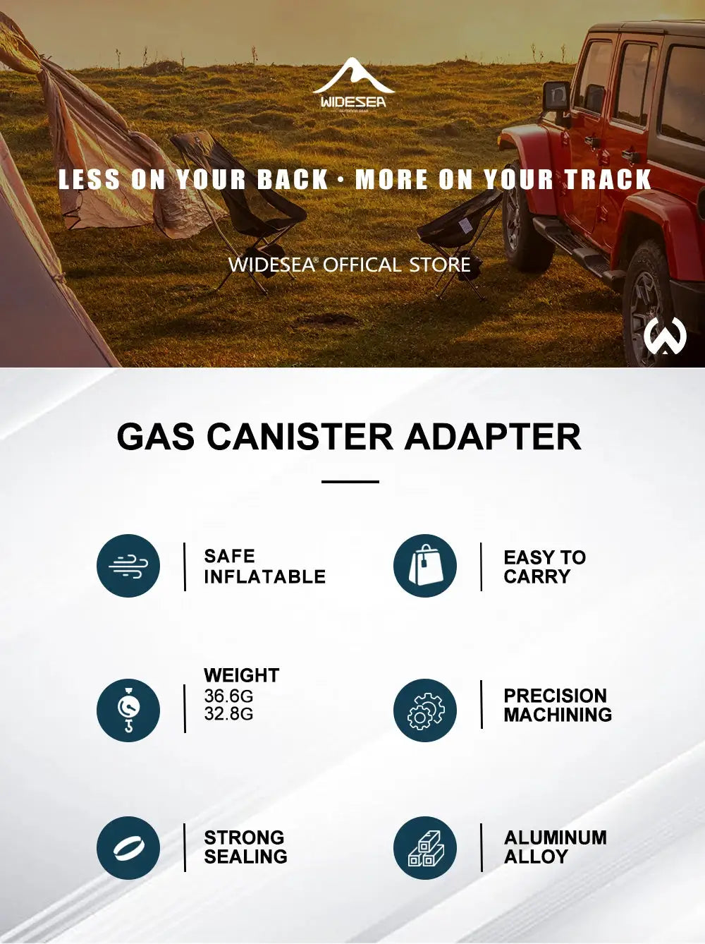 Gas canister adapter by Widesea for propane/LPG refills; camping gear banner with official store branding.