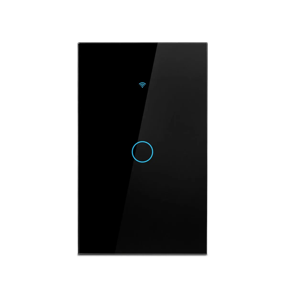 RF433 US WiFi smart wall switch (1–4 gang) by Simples Market, black glass touch panel with blue ring indicator