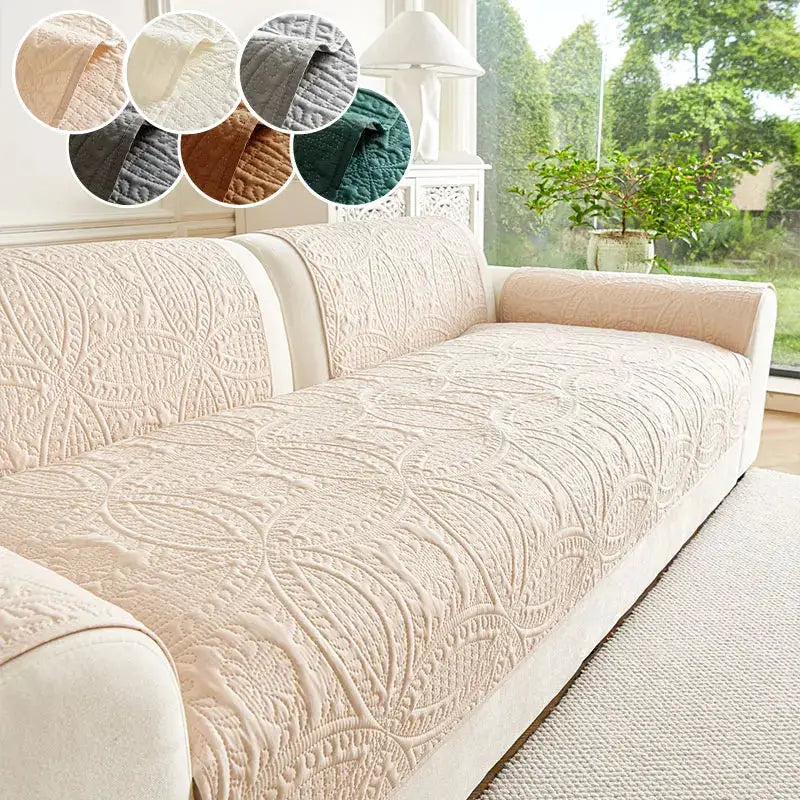 Sofa cushion cover cream embossed quilted fabric by Simples Market; universal anti-slip fit, multiple color options.
