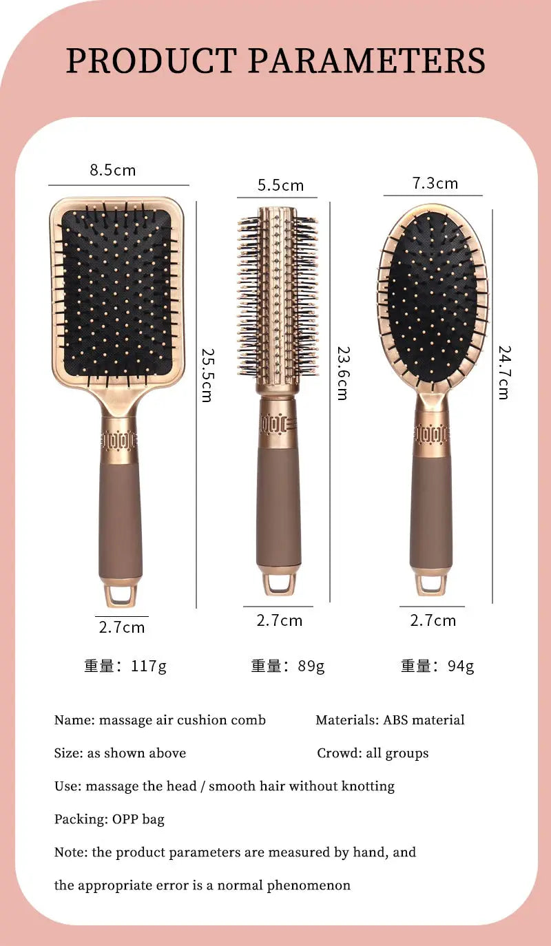 Simples Market rose-gold hair detangling brush set: paddle, barrel, and oval brushes