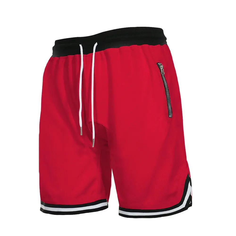 Men's red gym shorts with black waistband, white drawstrings, zipper pocket, and striped hem