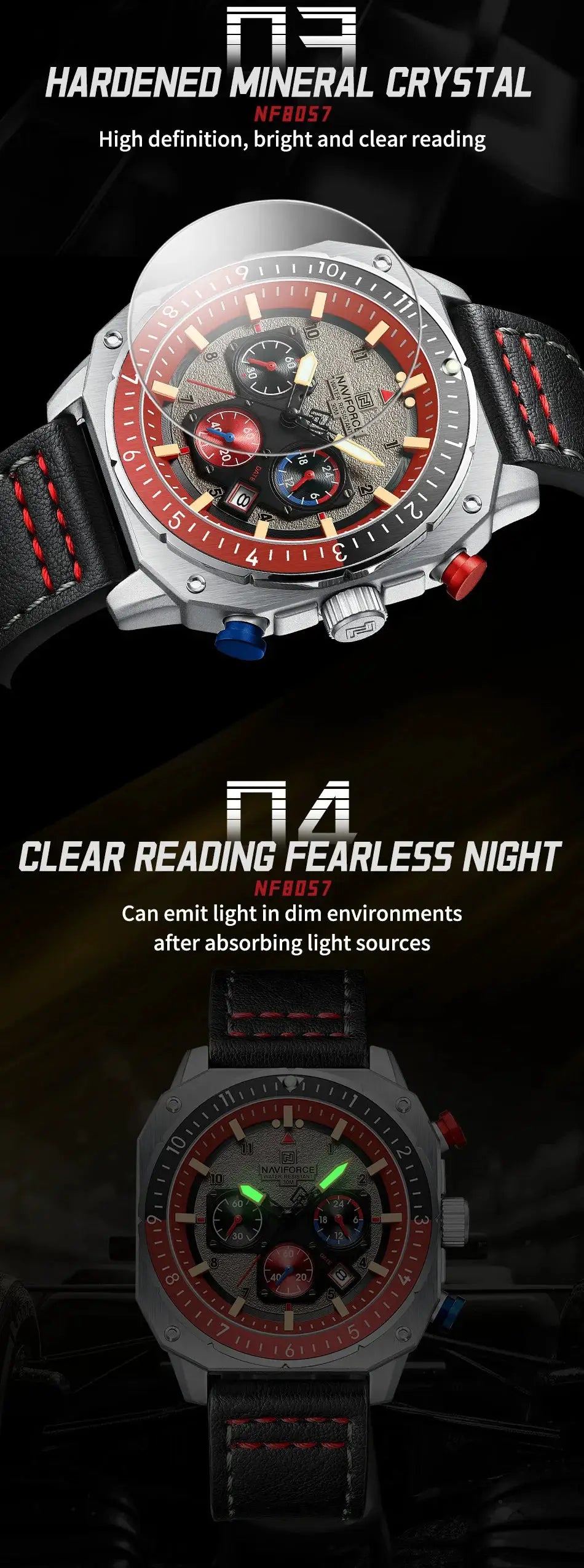 NAVIFORCE men's sport watches (2) with red bezels, black leather straps, luminous hands.