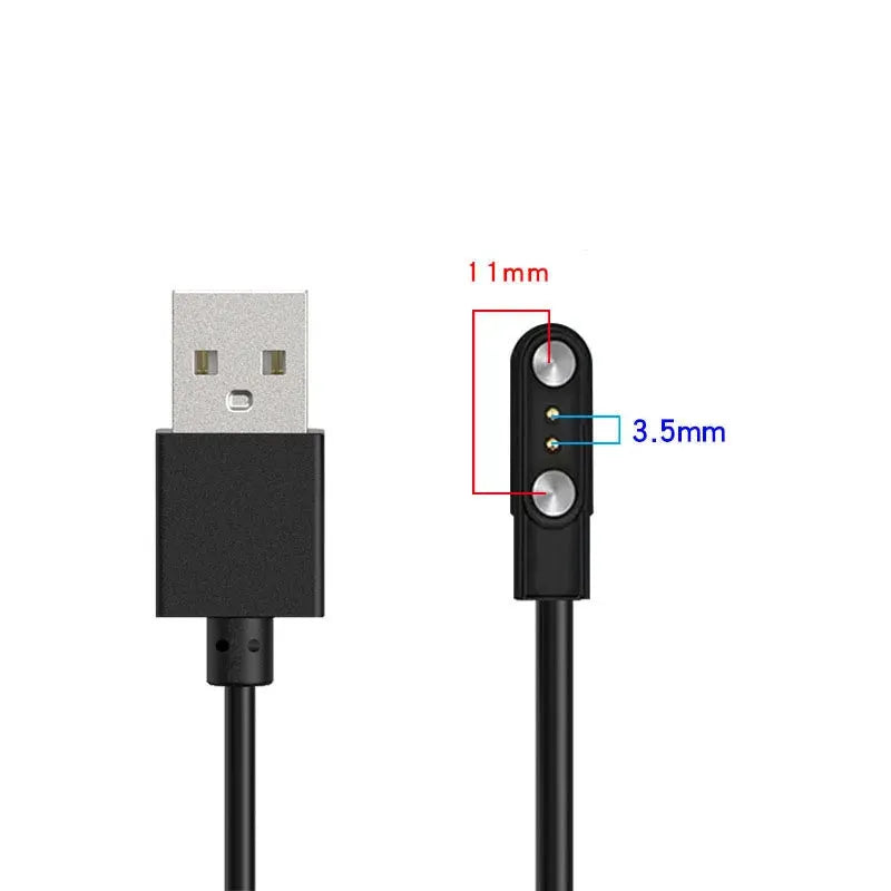 Smartwatch USB charging cable with black 2-pin dock connector and USB-A plug