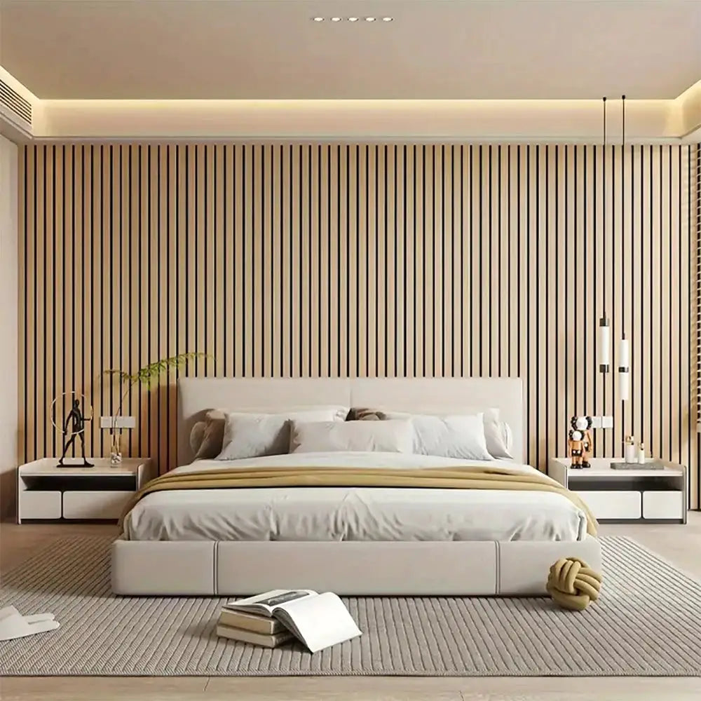 3D Textured Grid Wall Panels by Simples Market; beige wood-tone, peel-and-stick bedroom wall accent.