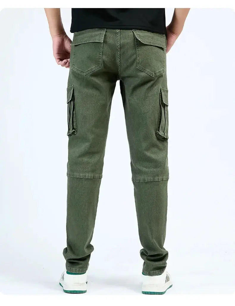 Simples Market men's olive green cargo denim pants with multiple pockets, slim fit.