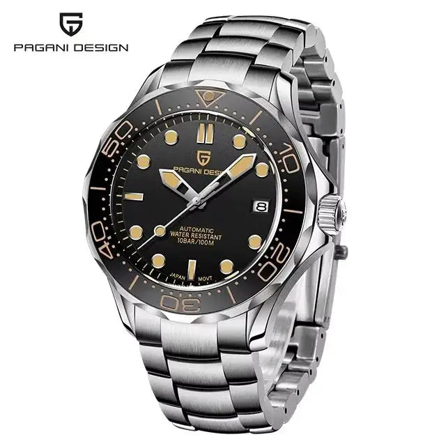 Pagani Design 007 men's stainless steel watch, black dial, gold markers, date, automatic movement, 100m water resistant