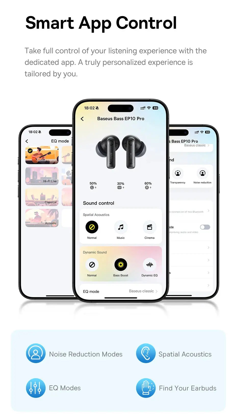 Baseus EP10 Pro ANC wireless earbuds, black, shown with smartphone app control screens (Simples Market)