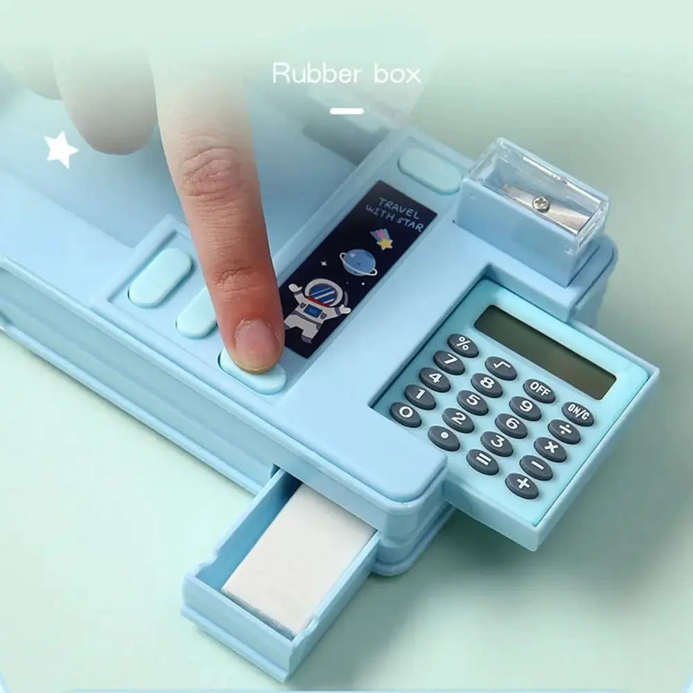 Double-layer pencil case blue plastic with calculator, pencil sharpener and astronaut design by Simples Market