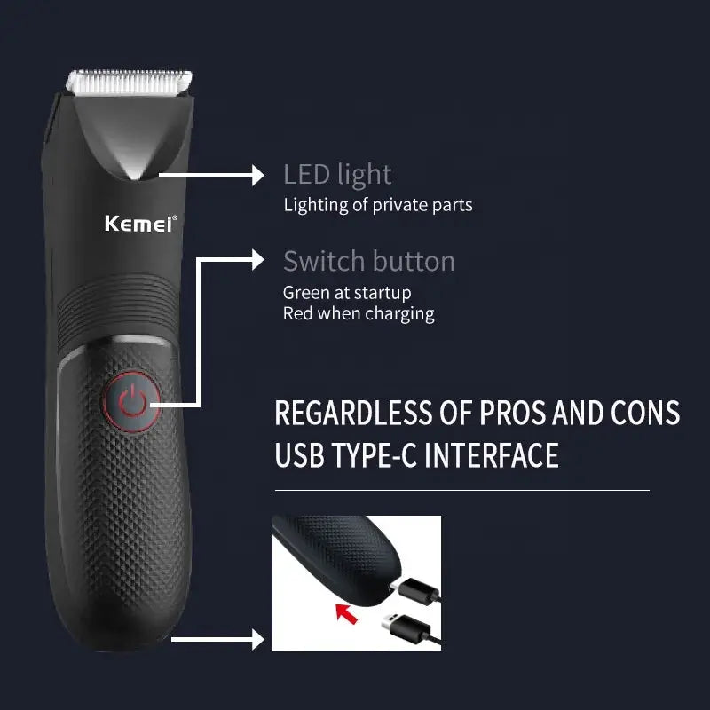 Kemei KM-1838 groin and body hair trimmer, black cordless with LED light, ceramic blade, waterproof, USB-C
