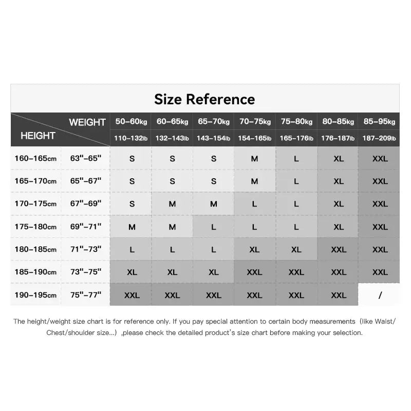 Men's pants size reference chart showing height/weight ranges and size grid.