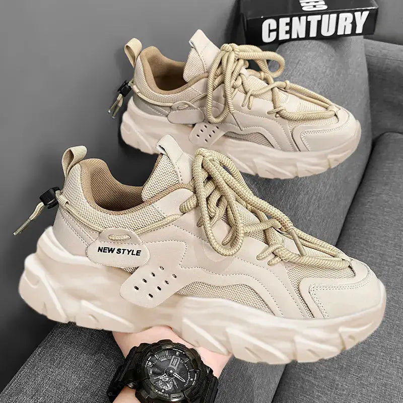 Men's beige breathable sneakers with a thick chunky sole and mesh panels