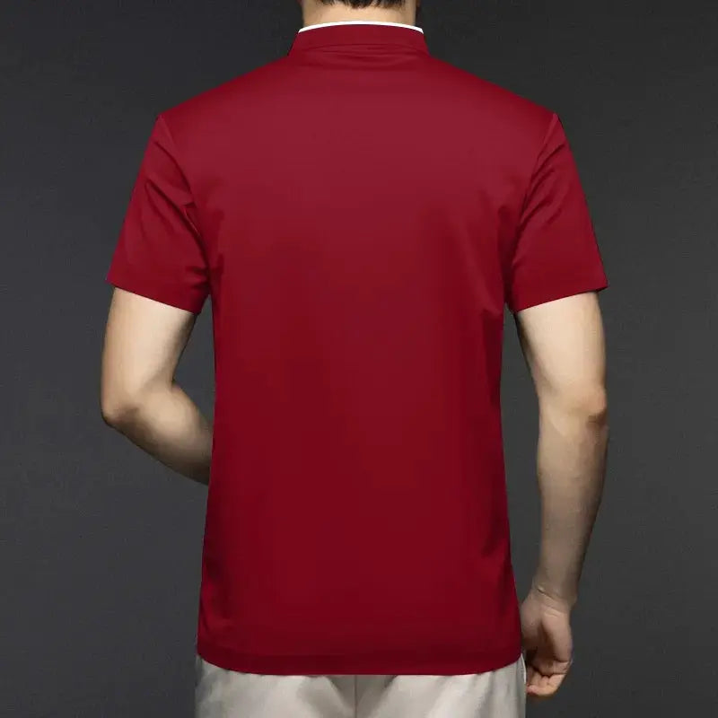 Men's red polo shirt with stand-up collar, short sleeves, solid color